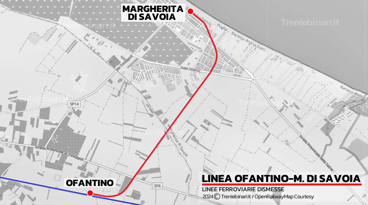 Mappa della linea ferroviaria da Ofantino a Margherita di Savoia