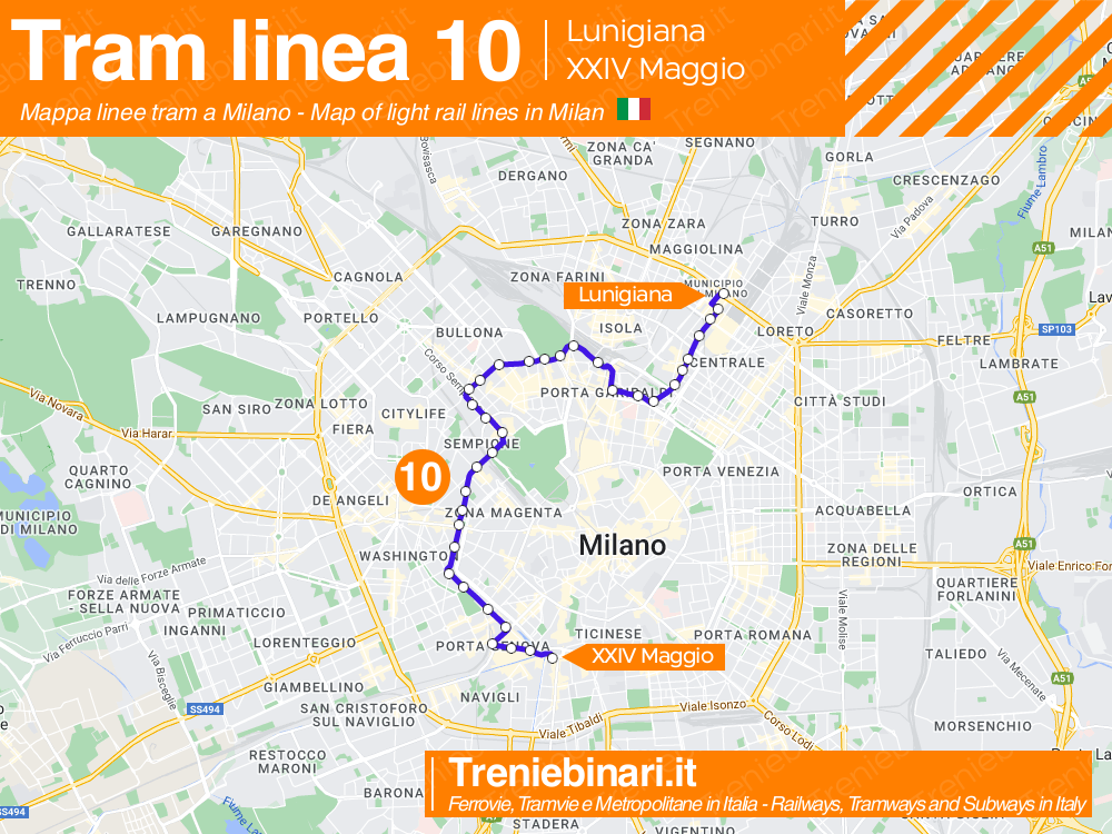 Linea Tram 10 da viale Lunigiana a piazzale XXIV Maggio