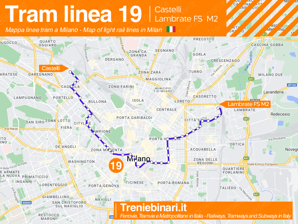 Linea Tram 19 da Lambrate FS M2 in piazza Castelli